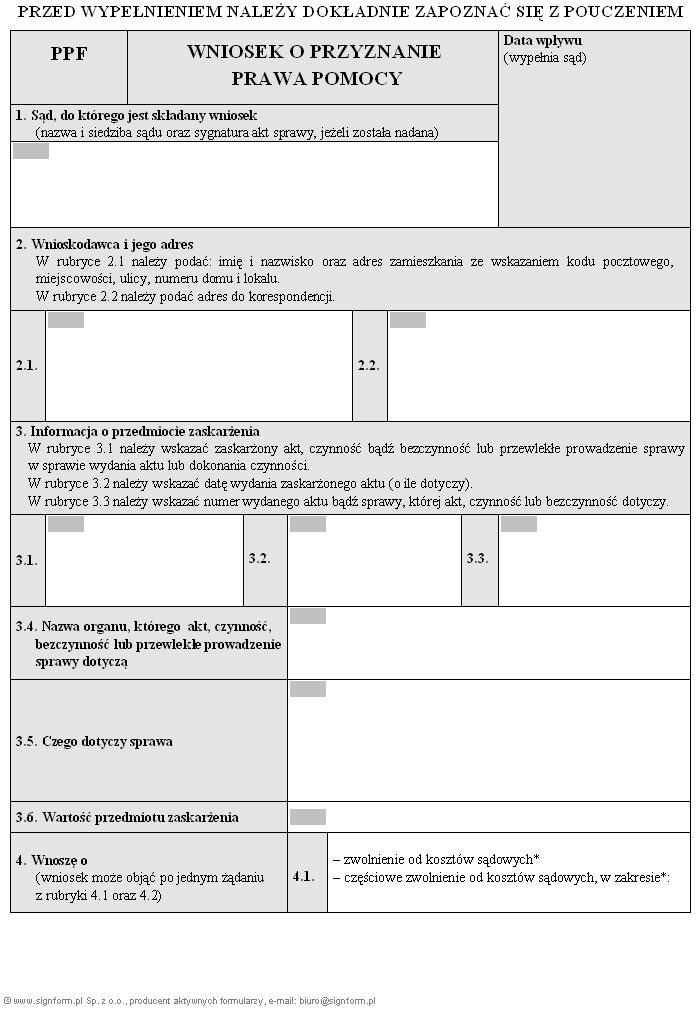 Formularze PPF / PPPr - Wnioski o przyznanie prawa pomocy osobie fizycznej, prawnej lub innej jednostce organizacyjnej nieposiadającej osobowości prawnej