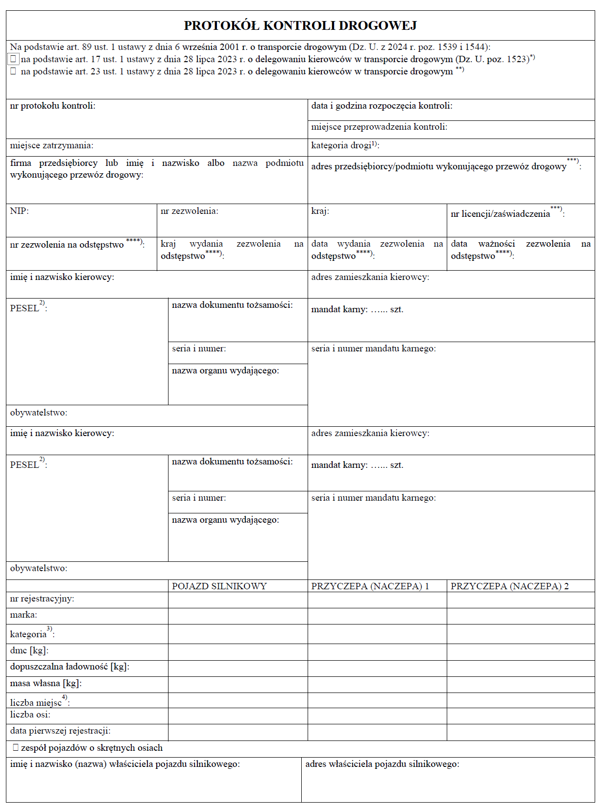Protokół kontroli drogowej - wzór formularza