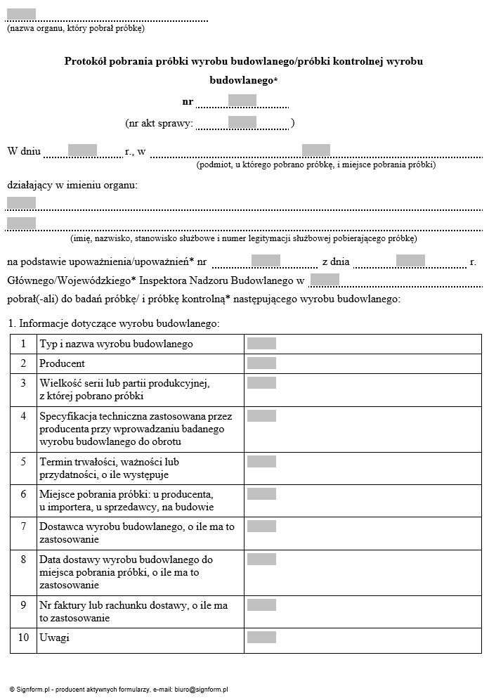 Protokół pobrania, sprawozdanie z badań próbki /próbki kontrolnej wyrobu budowlanego