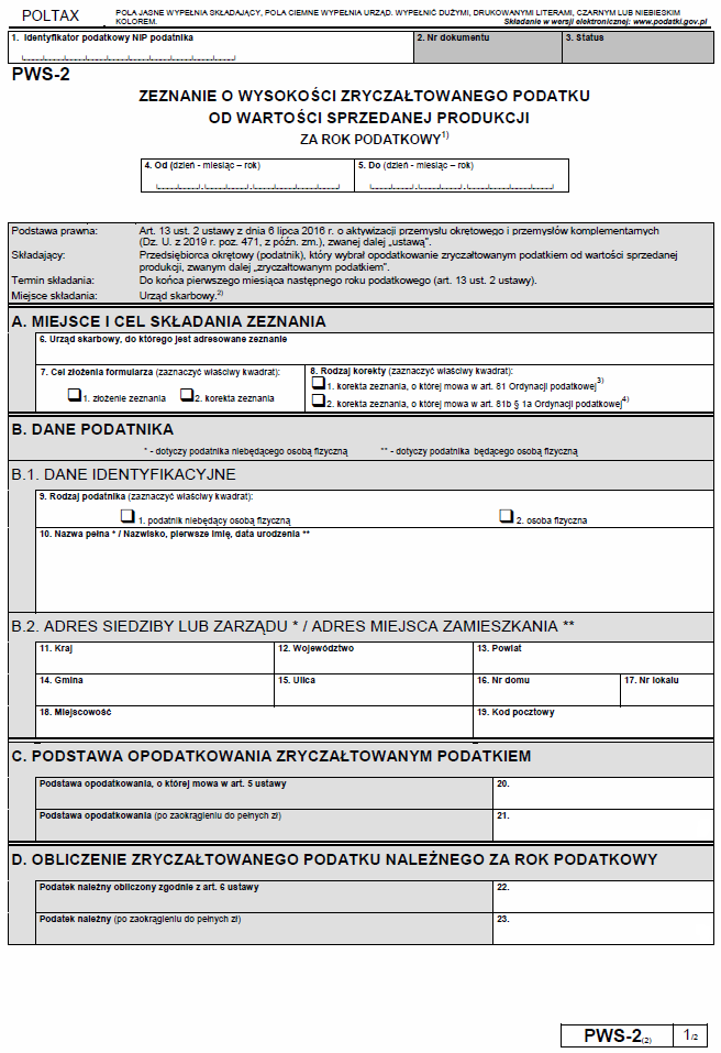 PWS-1, PWS-2, PWS-2S: Wzory oświadczenia o wyborze opodatkowania zryczałtowanym podatkiem od wartości sprzedanej produkcji oraz zeznań o wysokości tego podatku
