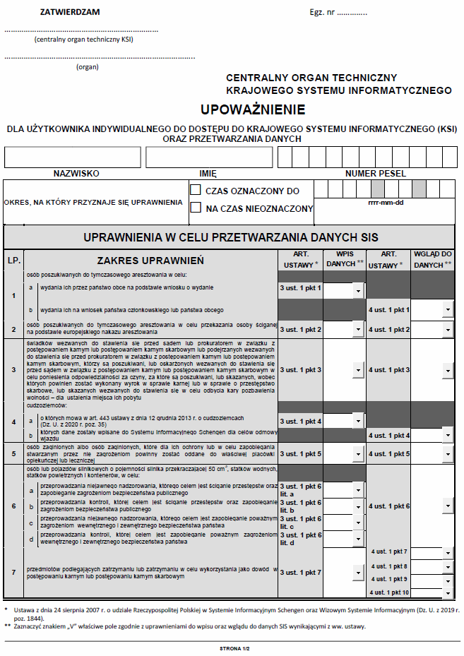 Upoważnienie dla użytkownika indywidualnego do dostępu do Krajowego Systemu Informatycznego (KSI) oraz przetwarzania danych