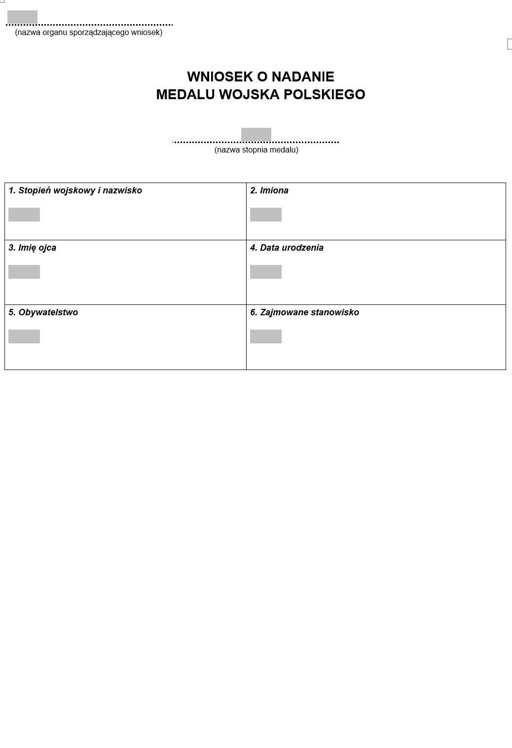 Wniosek o nadanie medalu wojska polskiego﻿