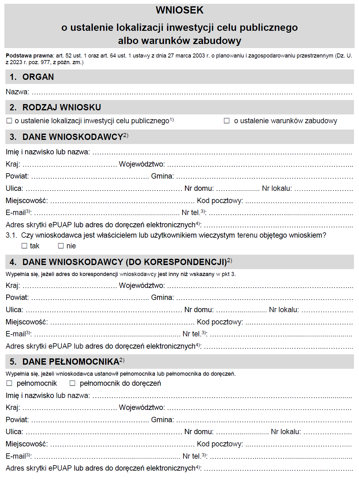 Wniosek o ustalenie lokalizacji inwestycji celu publicznego albo warunków zabudowy - Wzór