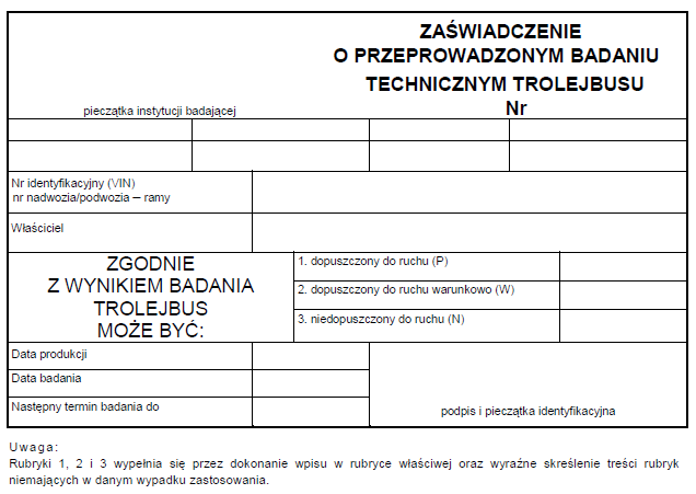 Zaświadczenie o przeprowadzonym badaniu technicznym tramwaju / trolejbusu