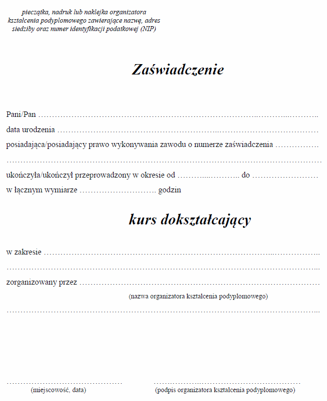 Wzory formularzy związanych z kształceniem podyplomowym pielęgniarek i położnych