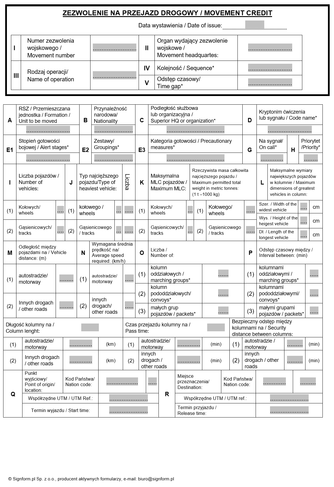 Wzory dotyczące przejazdów drogowych pojazdów Sił Zbrojnych Rzeczypospolitej Polskiej